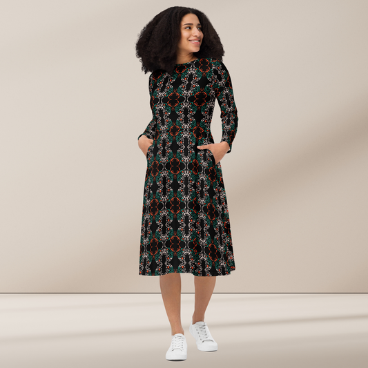 Abstract Art Dress, All-Over Print Long Sleeve Butterfly Midi Dress