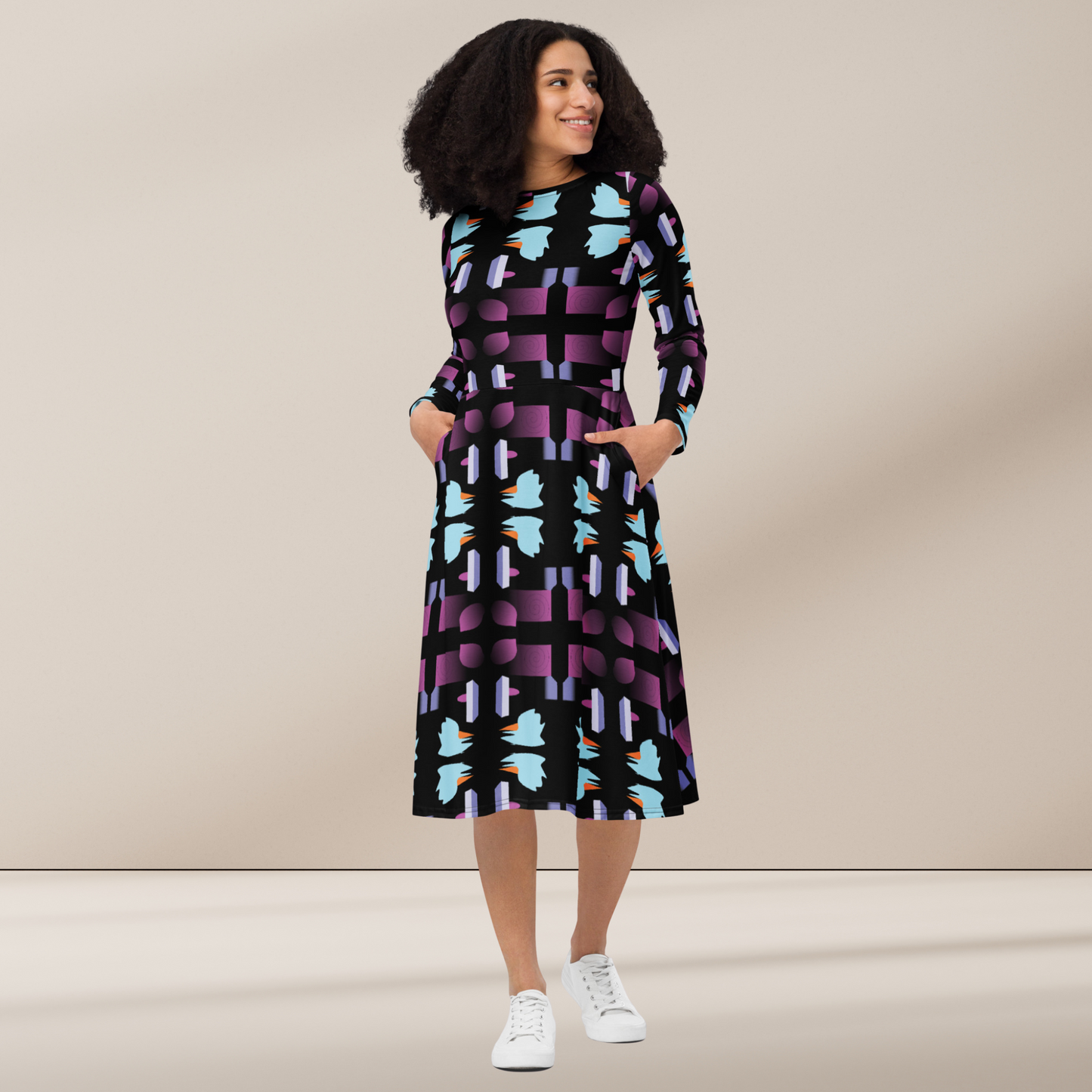 Geometric Print Dress Evening All Over Print Midi Black Dress Long Sleeve Fall Midi Dress