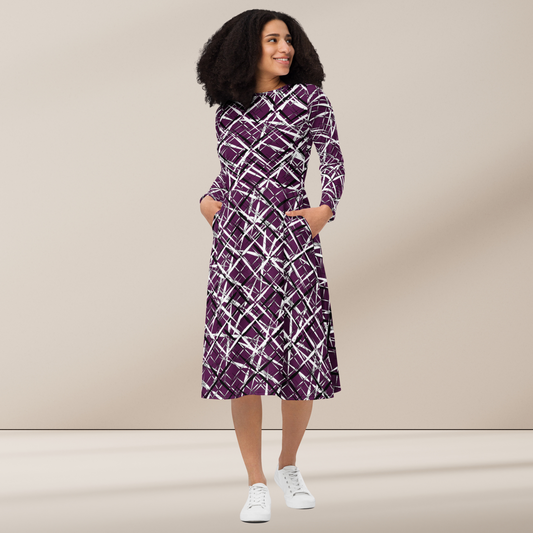 Abstract Art Dress, All-over Print Long Sleeve Midi Dress, Trendy Preppy Modest Purple Dress , Evening Party Dress