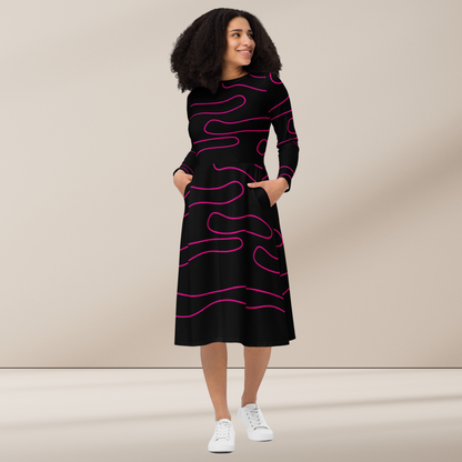 All-Over Print Long Sleeve Midi Dress With Pockets, Line Art Evening Black Dress Printed Gift Dress