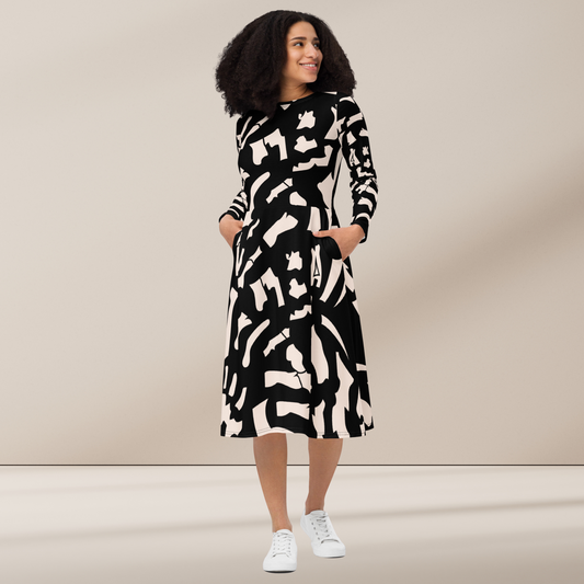 Black Printed Dress Popular All-Over Print Long Sleeve Midi Dress