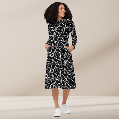 All-Over Print Midi Dress for Professional Women, Long Sleeve Midi Dress, Women's Formal Birthday Party Dress