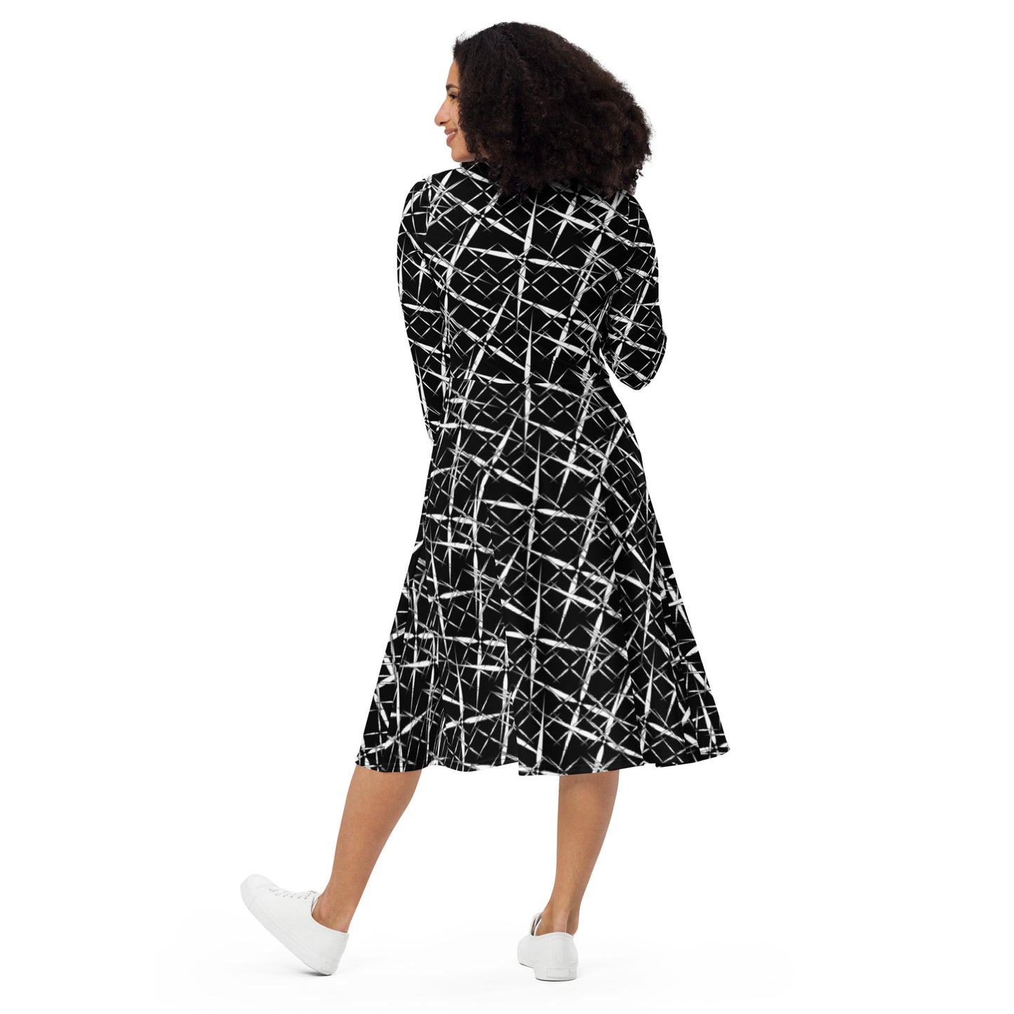 All-Over Print Midi Dress for Professional Women, Long Sleeve Midi Dress, Women's Formal Birthday Party Dress