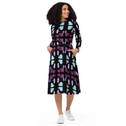 Geometric Print Dress Evening All Over Print Midi Black Dress Long Sleeve Fall Midi Dress - Apparelhue