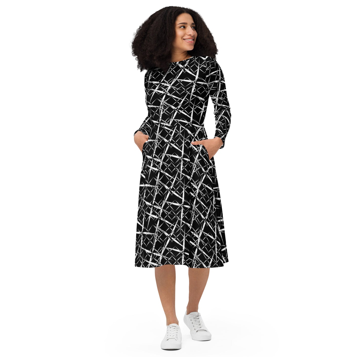 All-Over Print Midi Dress for Professional Women, Long Sleeve Midi Dress, Women's Formal Birthday Party Dress