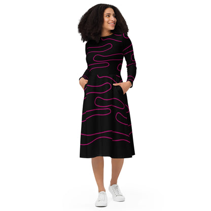 All-Over Print Long Sleeve Midi Dress With Pockets, Line Art Evening Black Dress Printed Gift Dress