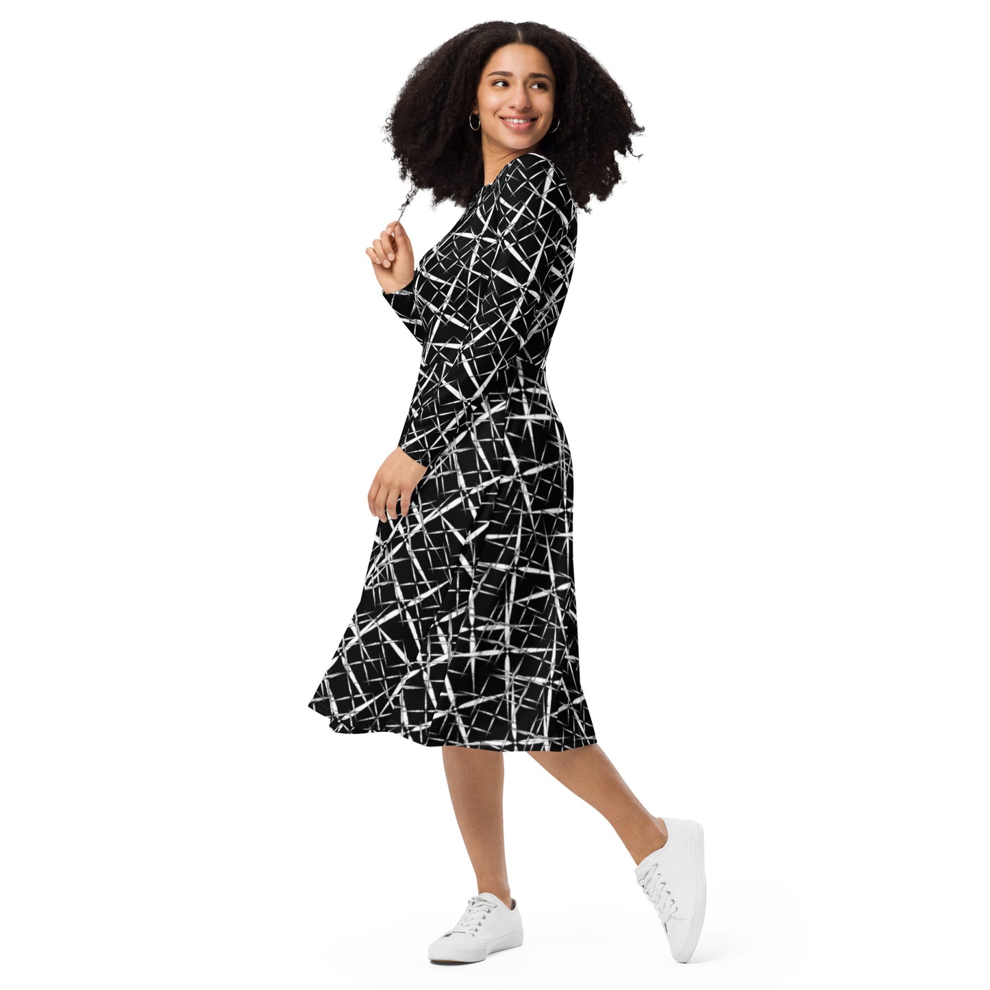 All-Over Print Midi Dress for Professional Women, Long Sleeve Midi Dress, Women's Formal Birthday Party Dress