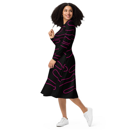 All-Over Print Long Sleeve Midi Dress With Pockets, Line Art Evening Black Dress Printed Gift Dress