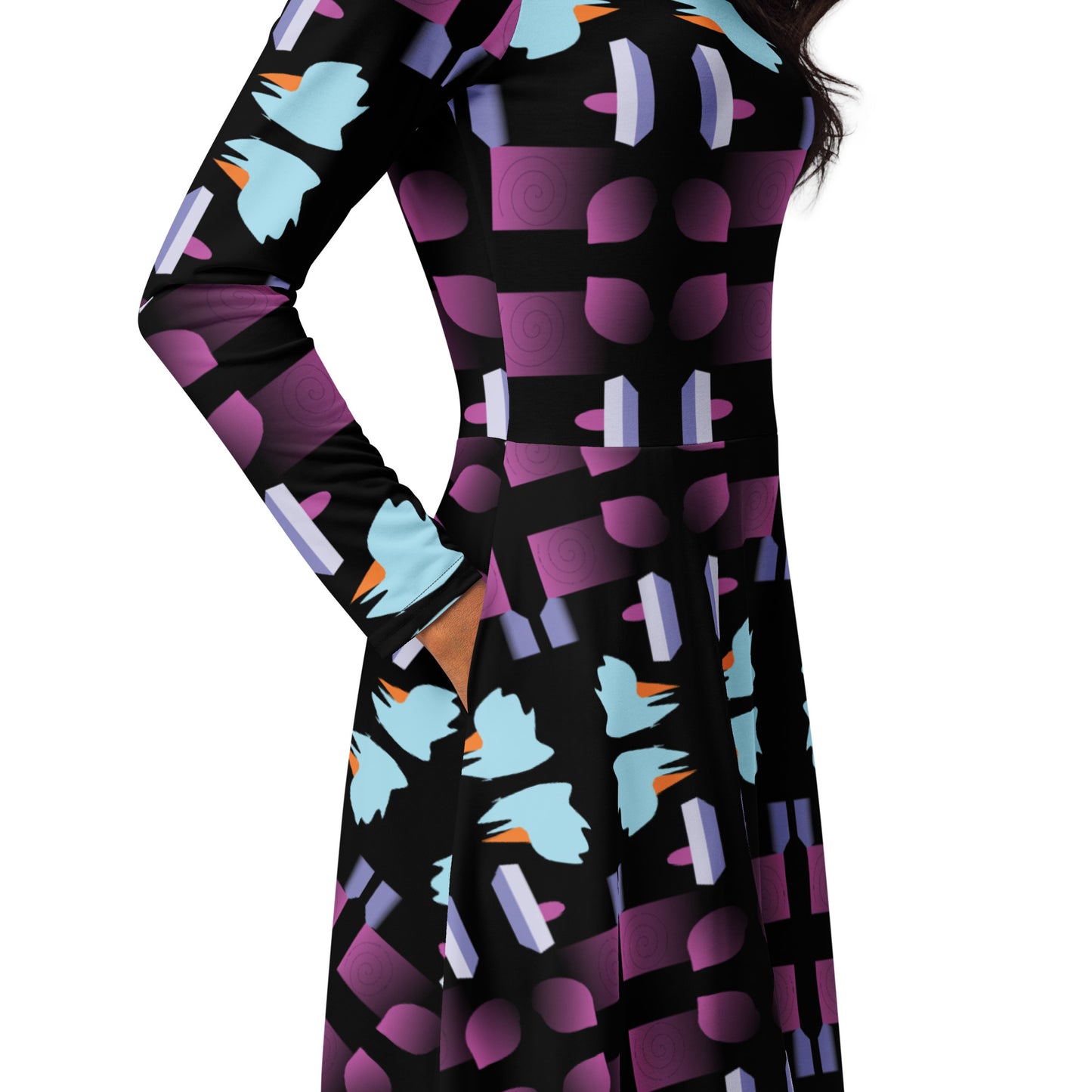 Geometric Print Dress Evening All Over Print Midi Black Dress Long Sleeve Fall Midi Dress - Apparelhue