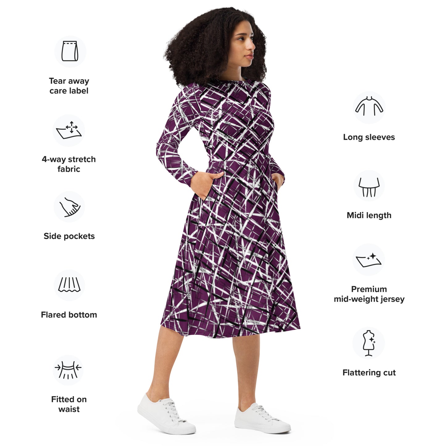 Abstract Art Dress, All-over Print Long Sleeve Midi Dress, Trendy Preppy Modest Purple Dress , Evening Party Dress