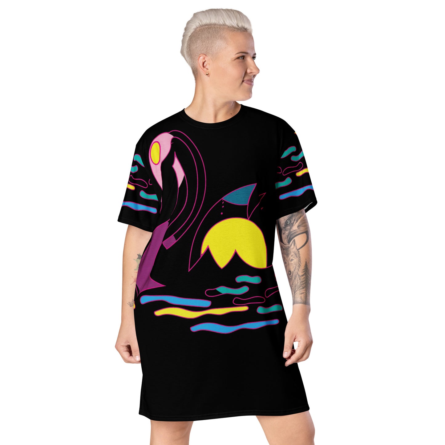 Black Swan T-Shirt dress, Graphic Print T-shirt Dress,  Over Sized All - Over Print T Shirt Dress - Apparelhue